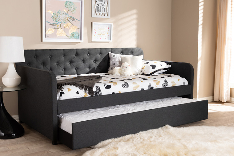 Baxton Studio Camelia Modern And Contemporary Charcoal Grey Fabric Upholstered Button-Tufted Twin Size Sofa Daybed With Roll-Out Trundle Guest Bed Camelia-Charcoal Grey-Daybed