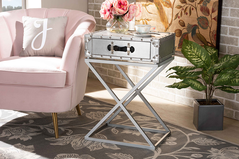 Baxton Studio William Modern French Industrial Silver Metal 1-Drawer End Table JY1955-ET