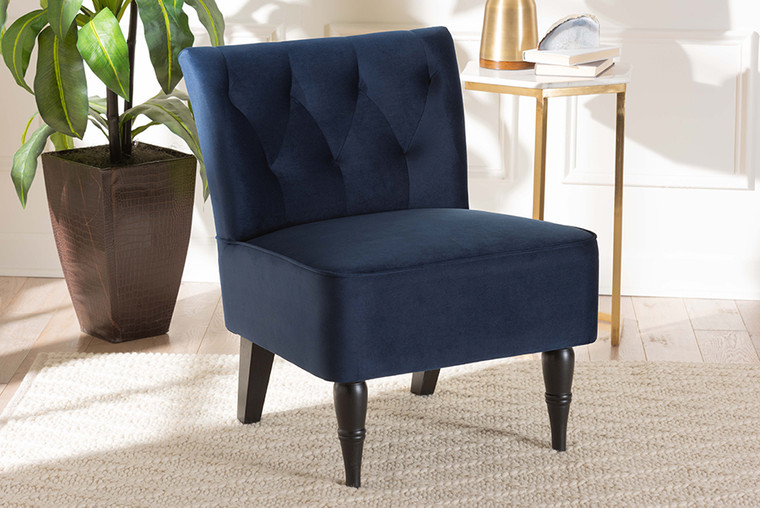 Baxton Studio Harmon Modern And Contemporary Transitional Navy Blue Velvet Fabric Upholstered And Black Finished Wood Accent Chair RAC515FB-Navy Blue Velvet/Black-CC