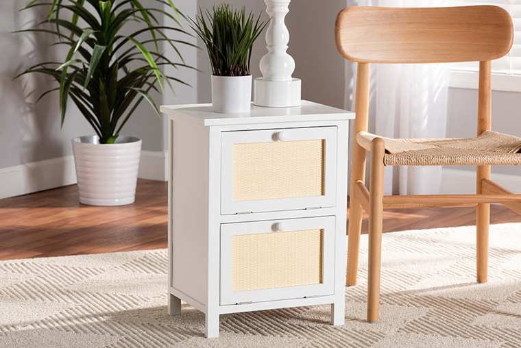 Baxton Studio Sariah Mid-Century Modern White Finished Wood And Rattan 2-Door End Table FMA-0176-Wooden 2 Drawer-ET