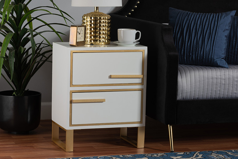 Baxton Studio Giolla Contemporary Glam And Luxe White Finished Wood And Gold Metal 2-Drawer End Table JY21A014-Wood/Metal-White/Gold-ET