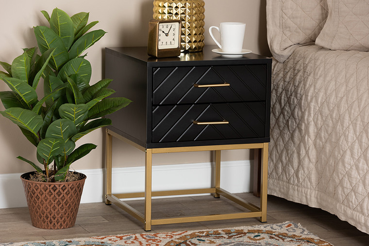 Baxton Studio Inaya Contemporary Glam And Luxe Black Finished Wood And Gold Metal 2-Drawer End Table LCF20403-Black/Gold-ET