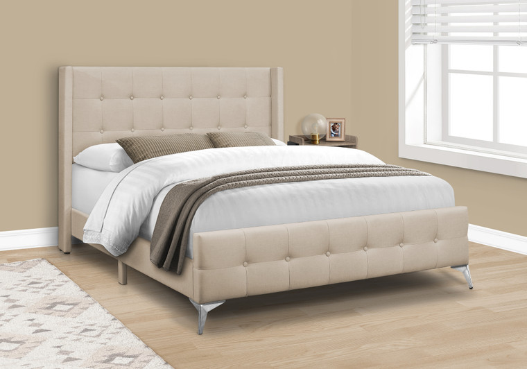 Monarch Beige Linen Look Upholstered Queen Bed - Chrome Metal Legs I 6041Q