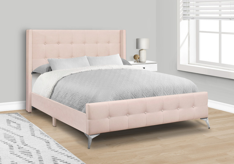 Monarch Pink Velvet Upholstered Queen Bed - Chrome Metal Legs I 6042Q