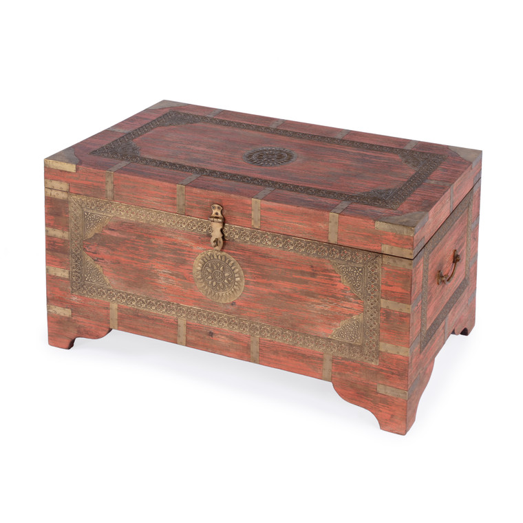 Butler Company Nador 32 In. W Rectangular Hand-Painted Brass Inlay Storage Trunk Coffee Table, Pink 3365216 "Special"
