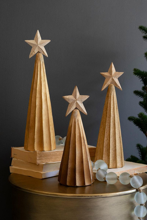 Set Of Three Natural Wood Christmas Trees With Stars DRA1060 By Kalalou