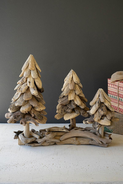 Three Driftwood Christmas Trees On A Base DRA1062 By Kalalou