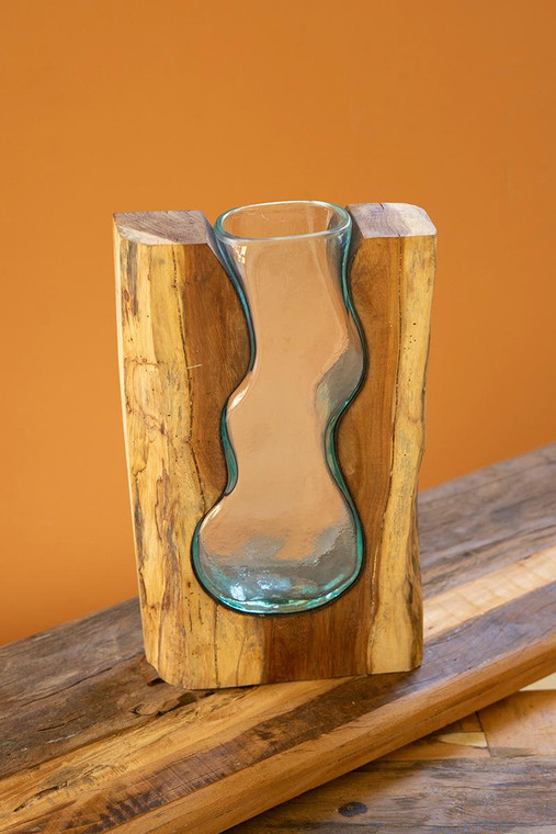 Blown Glass Vase Inside Of Teak Wood - Large DRA1073 By Kalalou