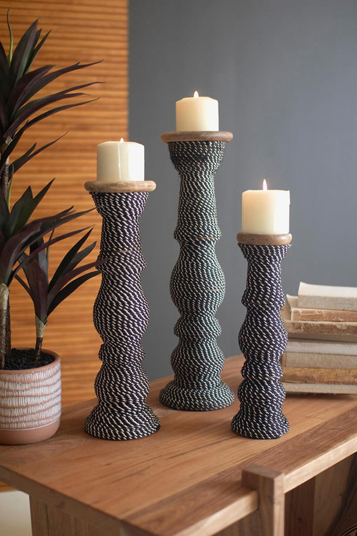 Set 3 Wooden Candle Holders With Black & White String NRAC1326 By Kalalou