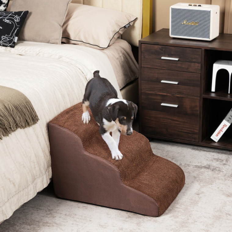 3-Tier Non-Slip Dog Steps With High-Density Sponge And Silicone Paw Prints-Brown PW10062CF
