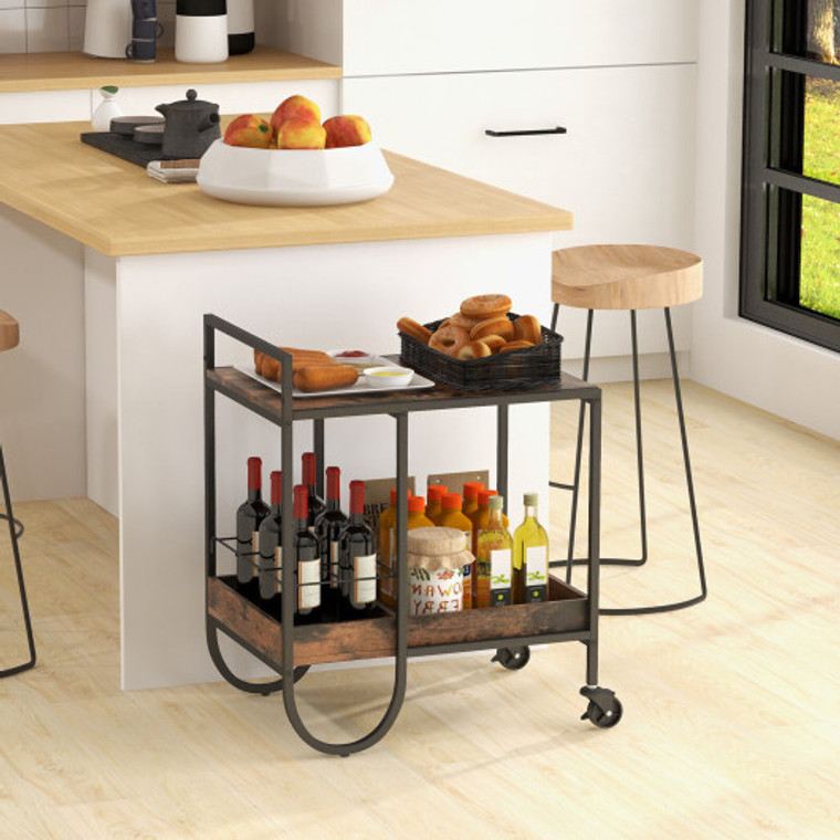 Rolling Buffet Serving Cart With Removable Metal Wire Wine Rack-Brown HV10461CF