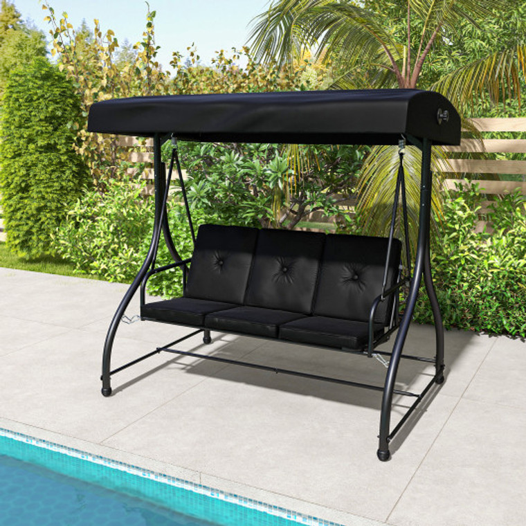 3 Seat Outdoor Porch Swing With Adjustable Canopy-Black NP11065DK