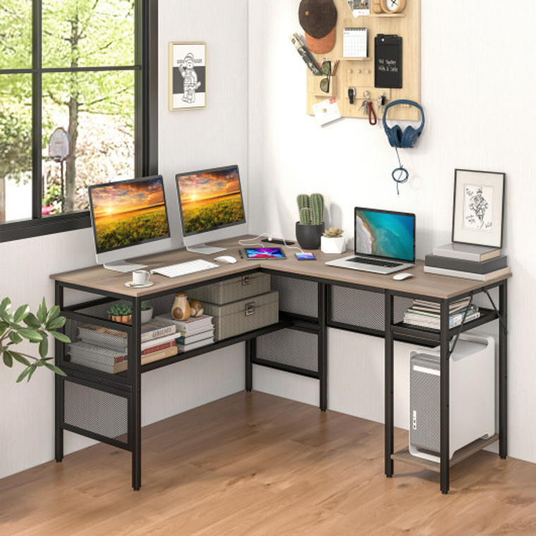 L-Shaped Computer Desk With Charging Station And Adjustable Shelf-Gray CB10526US-GR