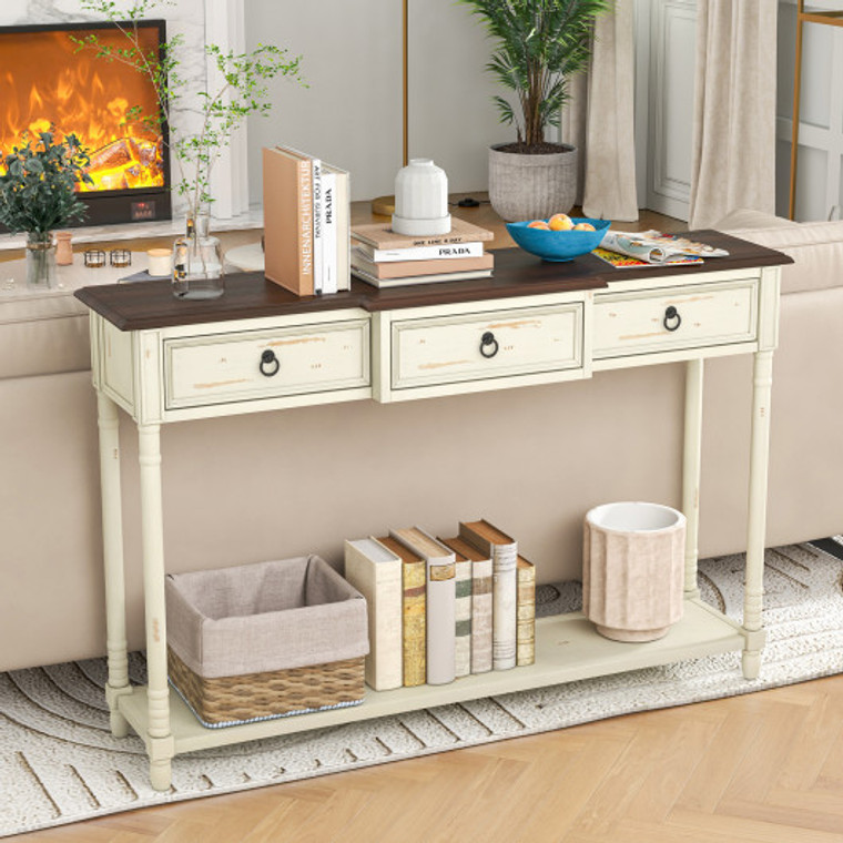 52 Inch Farmhouse Console Table With 3 Drawers And Open Storage Shelf For Hallway JV11152