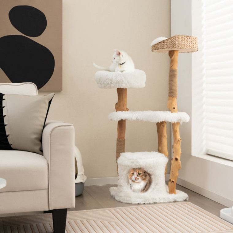 Solid Wood Cat Tower With Top Cattail Basket Cat Bed For Indoor Cats-White PV10101WH