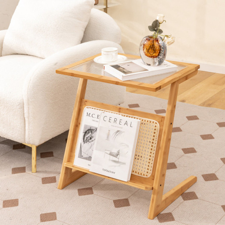 Z-Shaped End Table With Magazine Rack And Rattan Shelf-Natural JV11092NA