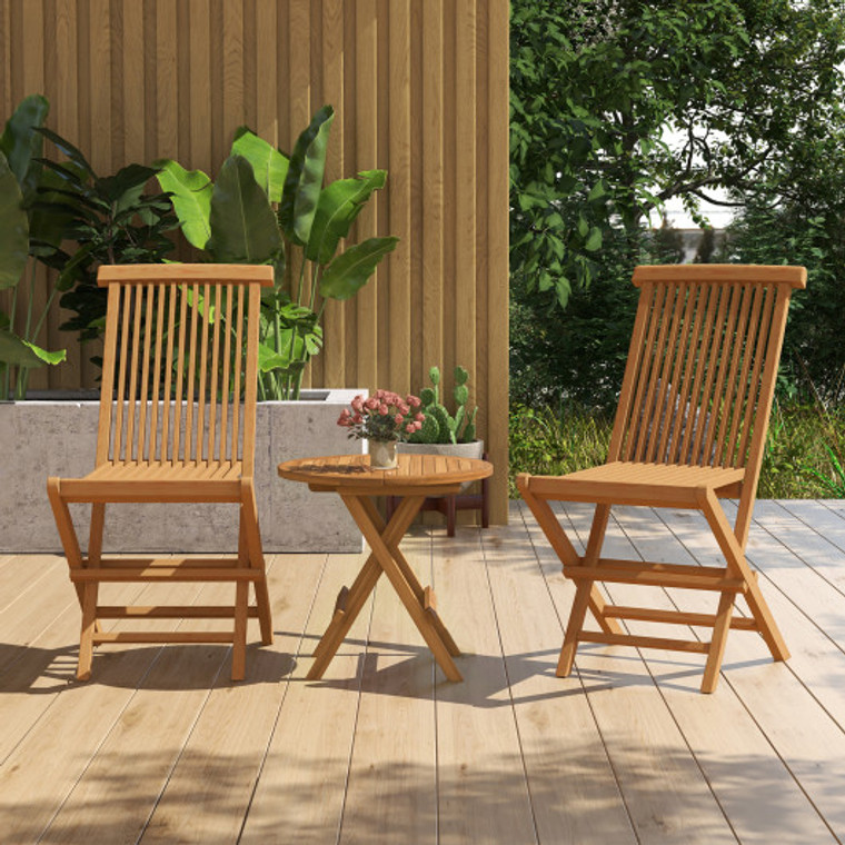 Set Of 2 Teak Patio Folding Chairs With High Back And Slatted Seat OP71249