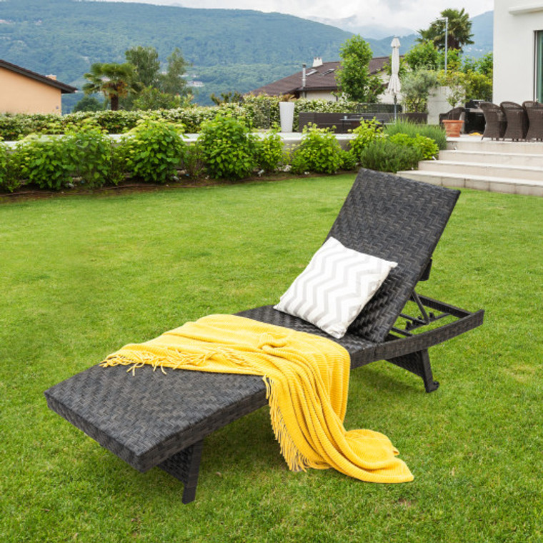 Folding Padded Rattan Patio Chaise Lounge With Adjustable Backrest And Rear Wheels NP11279