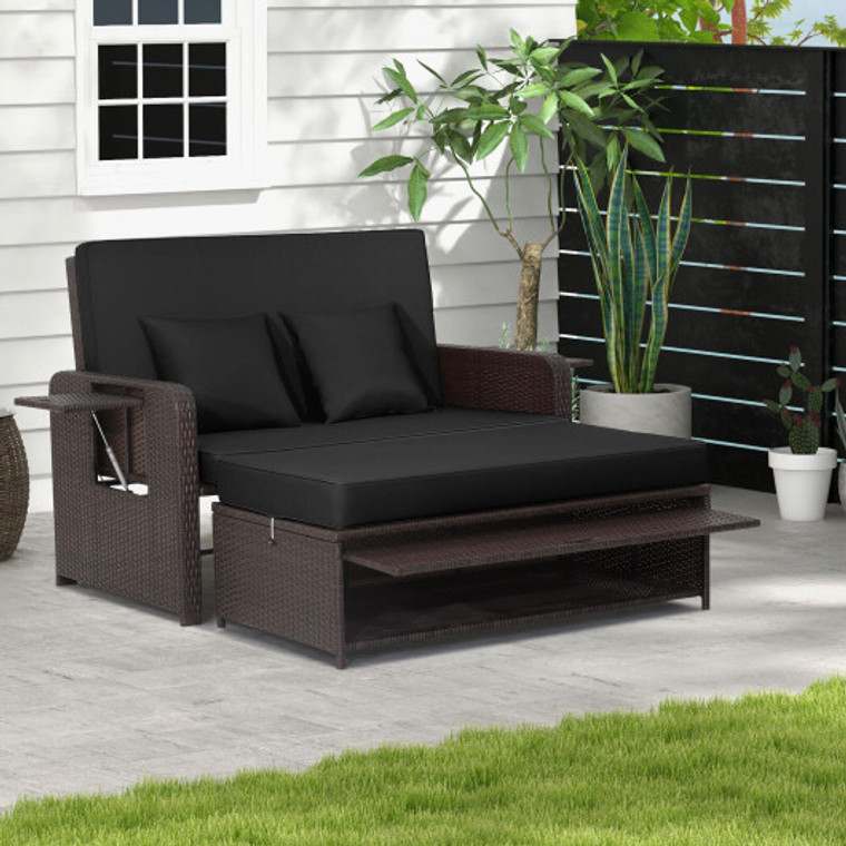Patio Rattan Daybed With 4-Level Adjustable Backrest And Retractable Side Tray-Black HW70644DK+
