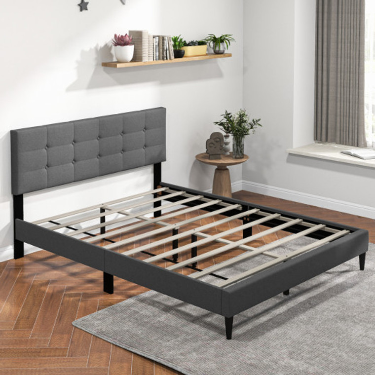 Queen Size Upholstered Platform Bed With Button Tufted Headboard-Gray HU10569GR-Q