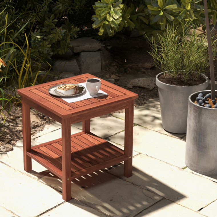 Double-Tier Acacia Wood Patio Side Table With Slatted Tabletop And Shelf HW71499