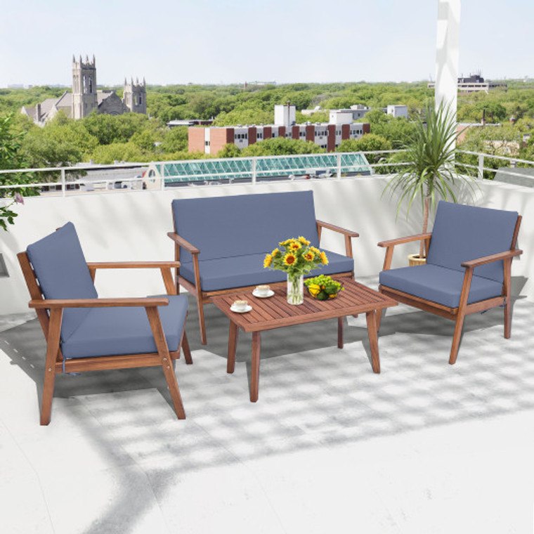 4 Piece Outdoor Acacia Wood Conversation Set With Soft Seat And Back Cushions-Gray HW71498GR+