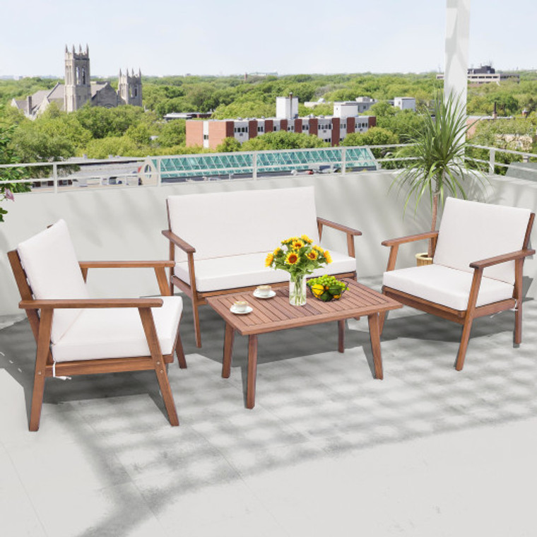 4 Piece Outdoor Acacia Wood Conversation Set With Soft Seat And Back Cushions-White HW71498WH+