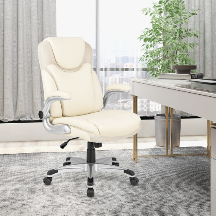 Ergonomic Office Pu Leather Executive Chair With Flip-Up Armrests And Rocking Function-White CB10557WH