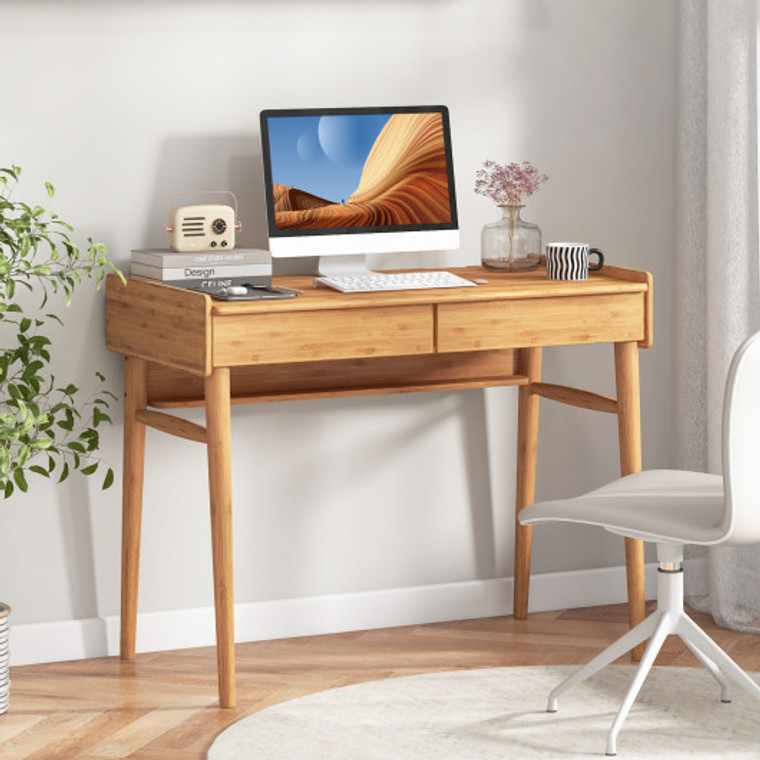 Bamboo Writing Desk With 2 Storage Drawers And Open Shelf-Natural JV11089NA