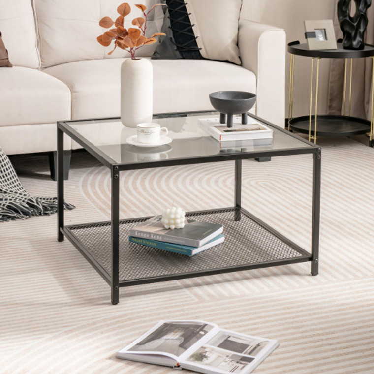 Modern 2-Tier Square Glass Coffee Table With Mesh Shelf-Transparent HV10494TR
