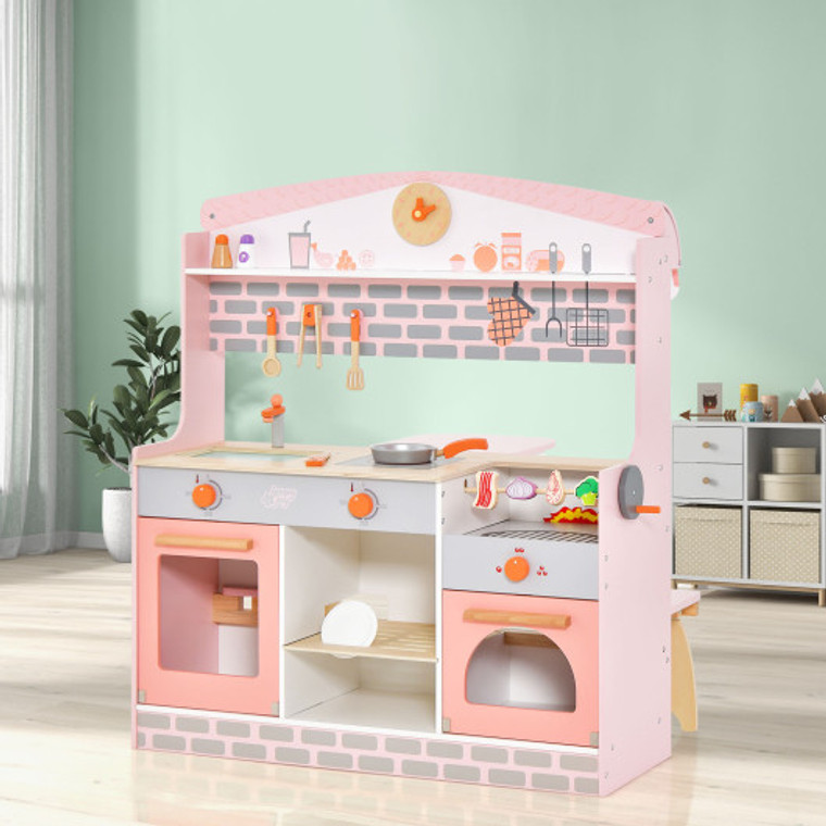 Double-Sided Kids Play Kitchen Set With Canopy And 2 Seats TM10089