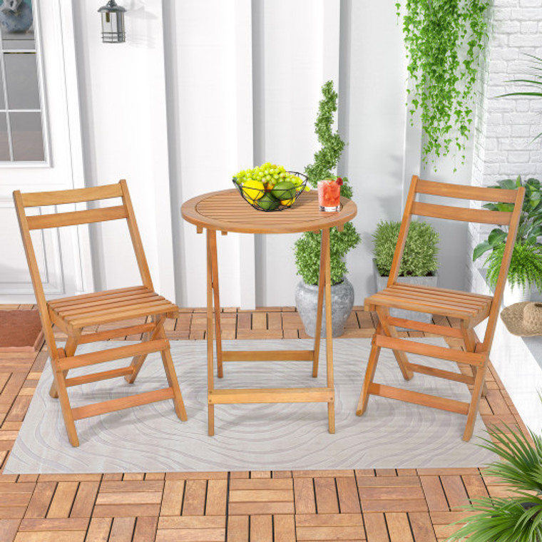 3 Pieces Folding Patio Bistro Set With Slatted Tabletop HW71590