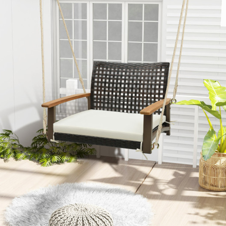 Single Rattan Porch Swing With Armrests Cushion And Hanging Ropes-White HW71607WH