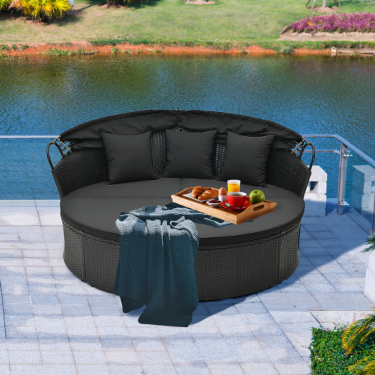 Clamshell Patio Round Daybed Wicker With Retractable Canopy And Pillows-Black HW71564DK+