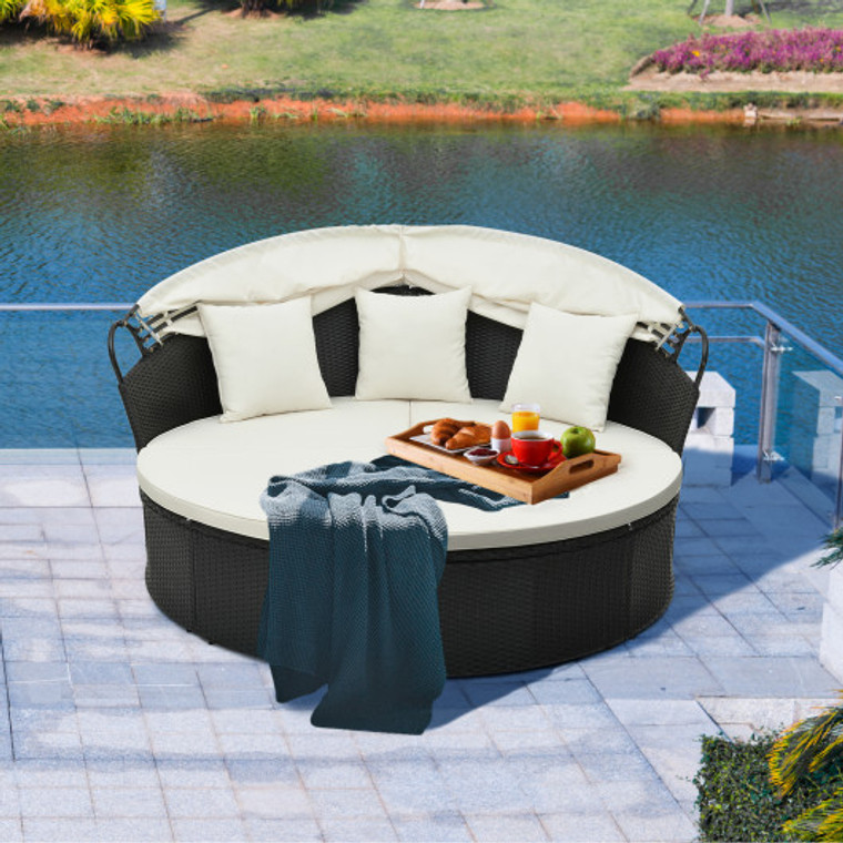 Clamshell Patio Round Daybed Wicker With Retractable Canopy And Pillows-Off White HW71564WH+