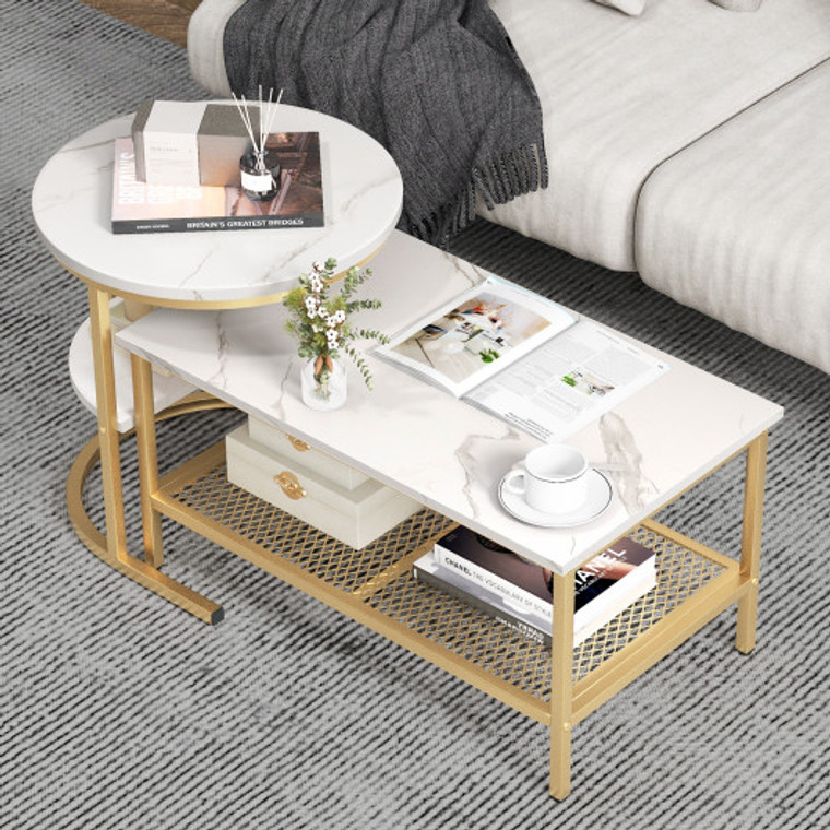Set Of 2 Nesting Coffee Table With Extra Storage Shelf For Living Room-Golden JV11232GD