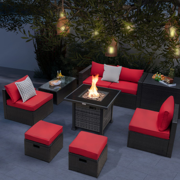 Outdoor 9 Pieces Patio Furniture Set With 50 000 Btu Propane Fire Pit Table-Red NP10618GR+HW68592RE+
