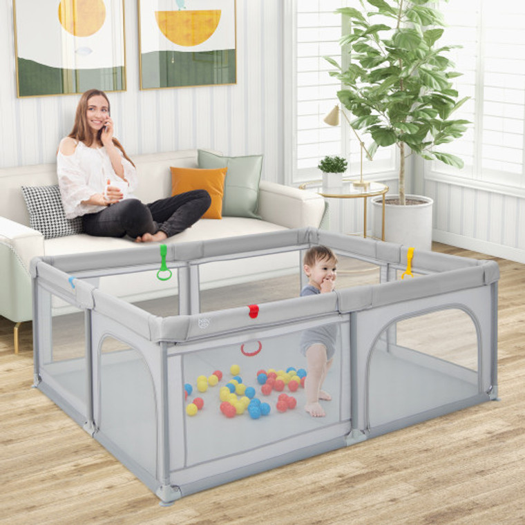 Portable Baby Playpen Large Play Yard With 50 Ocean Balls And 4 Pull Rings-Gray BB5859GR