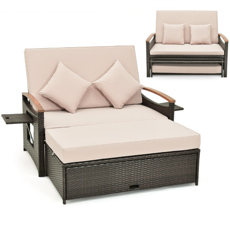 Outdoor Wicker Daybed With Folding Panels And Storage Ottoman-Beige HW71627BN+