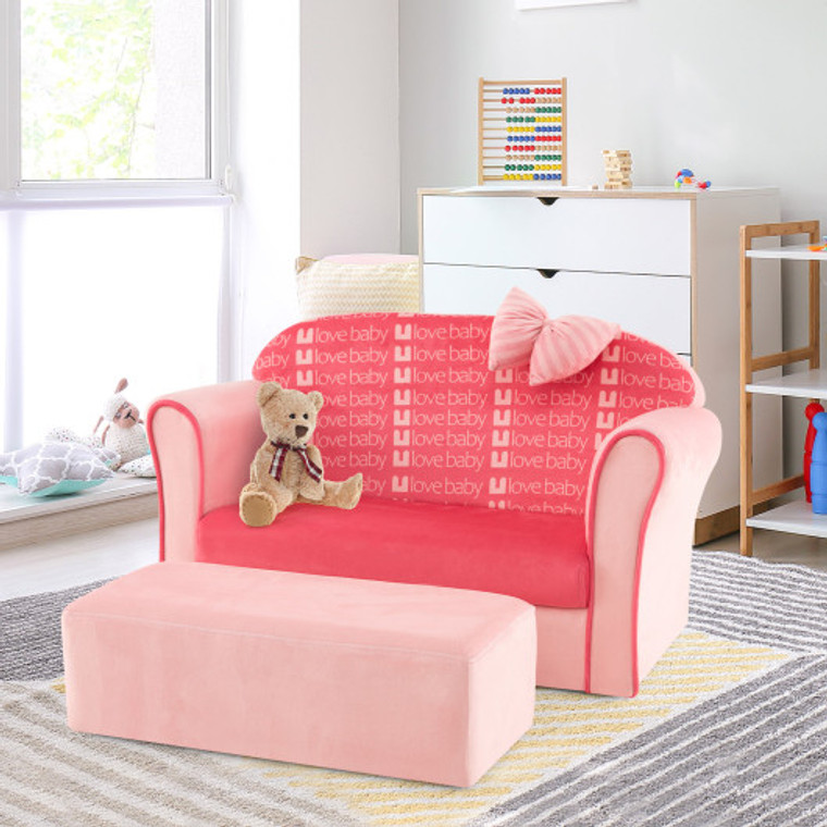 Ultra Soft Velvet Kids Sofa Chair Toddler Couch With Ottoman-Pink HY10212PI