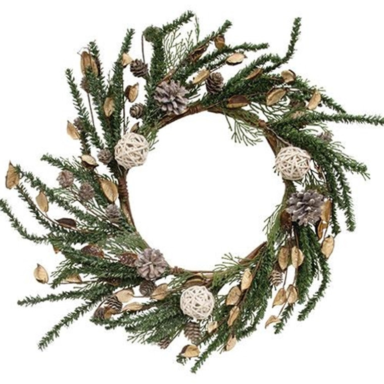 Birch Cone Pod & Glitter Rattan Ball Pine Wreath FT30850 By CWI Gifts
