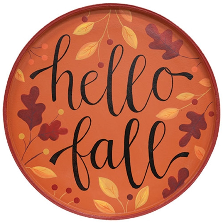 Hello Fall Autumn Leaves Round Wooden Hanging Tray G37495 By CWI Gifts