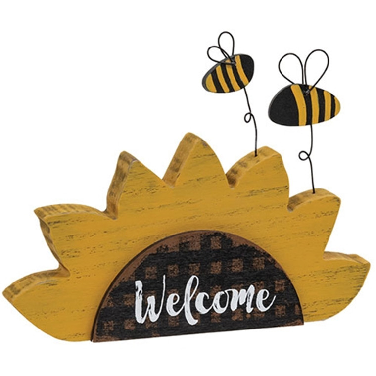 Distressed Wooden "Welcome" Sunflower Sitter With Bees G37611 By CWI Gifts