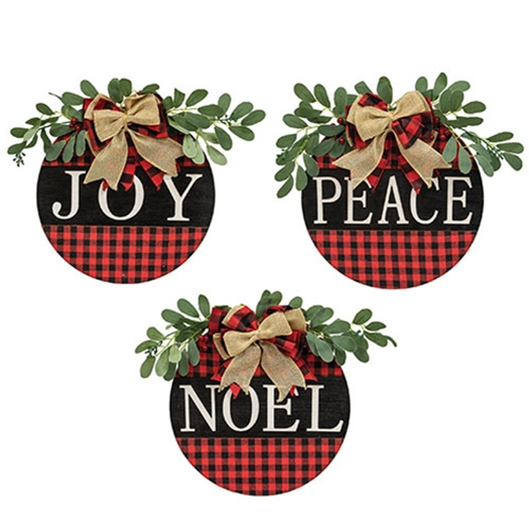 Peace Joy Noel Red/Black Buffalo Check Wood Hanging Sign 3 Assorted (Pack Of 3) GSHN4227 By CWI Gifts