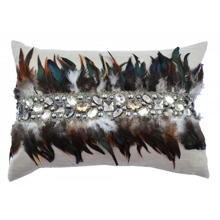 12662CC-WH Cloud9d Abby Silver Wheat Pillow With Feathers And Jewels