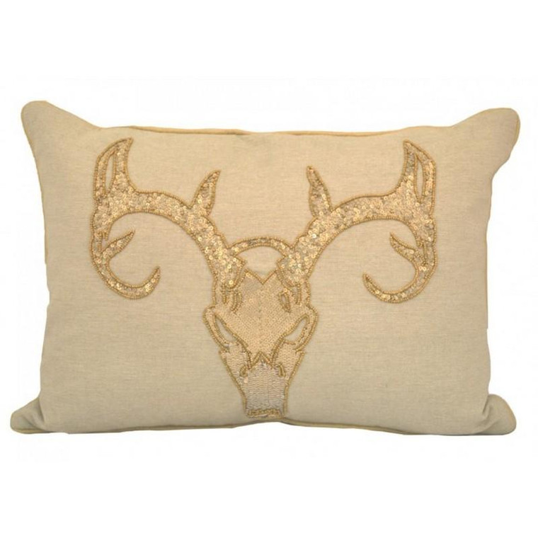 12799CC-GD Cloud9d Aranka Wheat Linen Pillow With Gold Deer Head