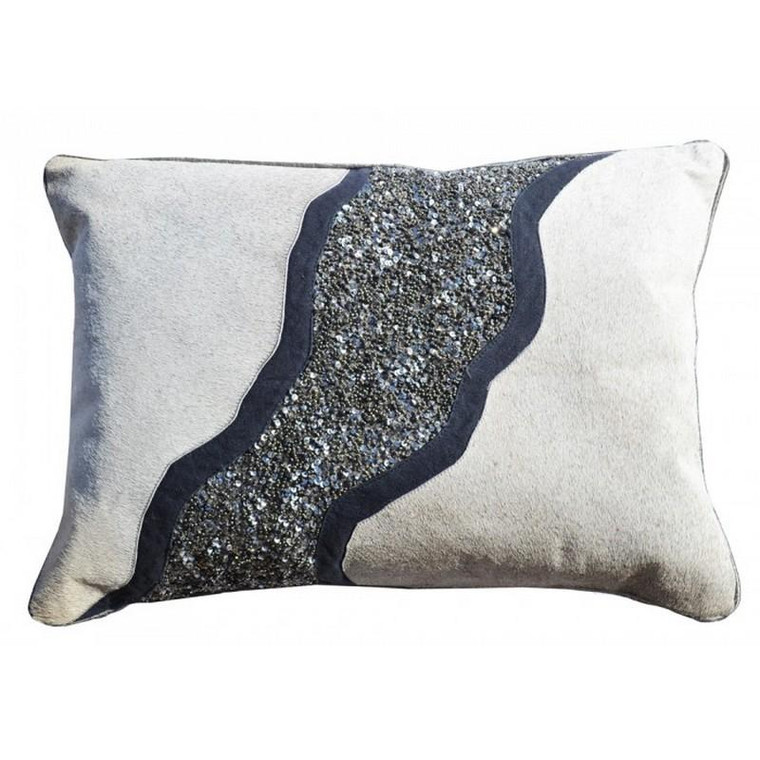 13046C-CHL Rezar Charcoal Pillow With Grey Hairon Hide And Sequins