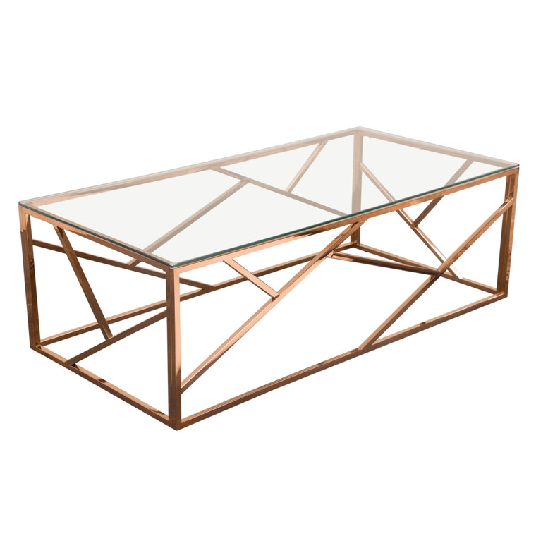 Nest Rectangular Cocktail Table With Clear Tempered Glass Top And Polished Stainless Steel Base In Rose Gold Finish NESTCTRG