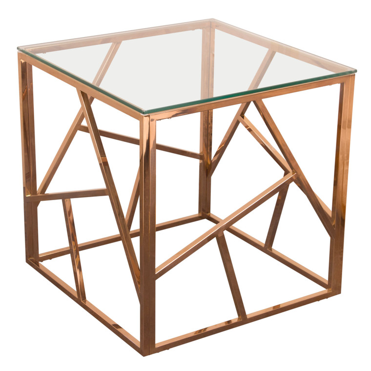 Nest Square End Table With Clear Tempered Glass Top And Polished Stainless Steel Base In Rose Gold Finish NESTETRG