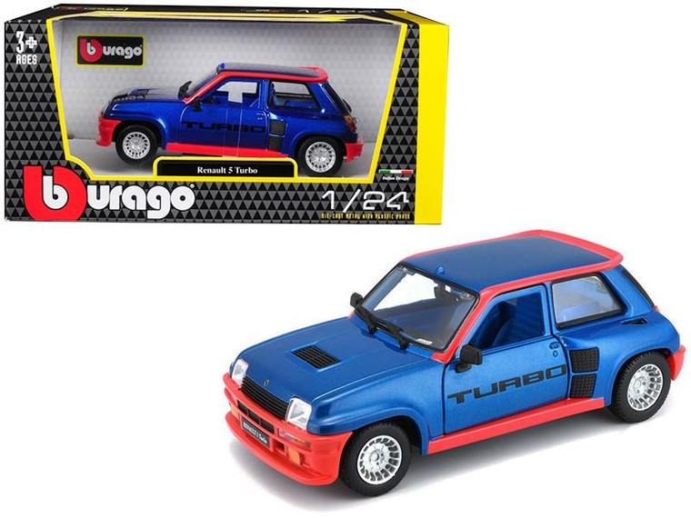 Renault 5 Turbo Metallic Blue With Red Accents 1/24 Diecast Model Car By Bburago (Pack Of 2) 21088bl